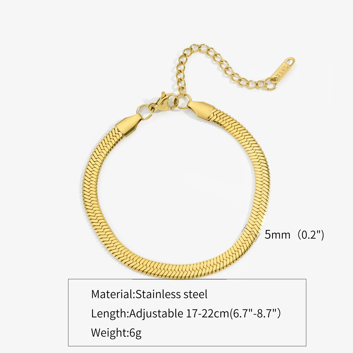 2-5 mm Edelstahl-Kettenarmband für Damen und Herren, goldfarben, Schlangenkette, mit verlängerter Kette, wasserdicht, Party-Schmuck – Detail 9