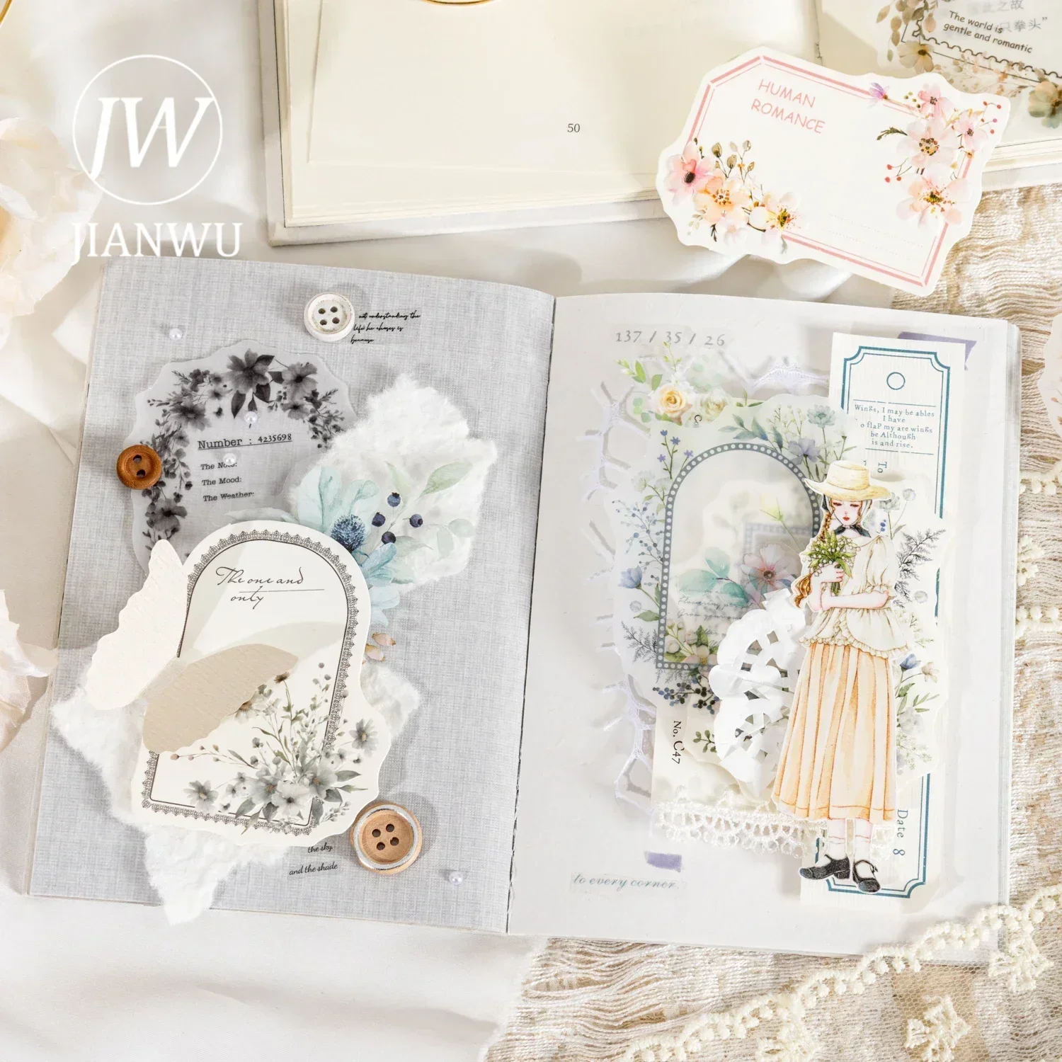 JIANWU Flower Dream Light Language Series Vintage Border Label Material Collage Memo Pad Creative DIY Junk Journal Stationery