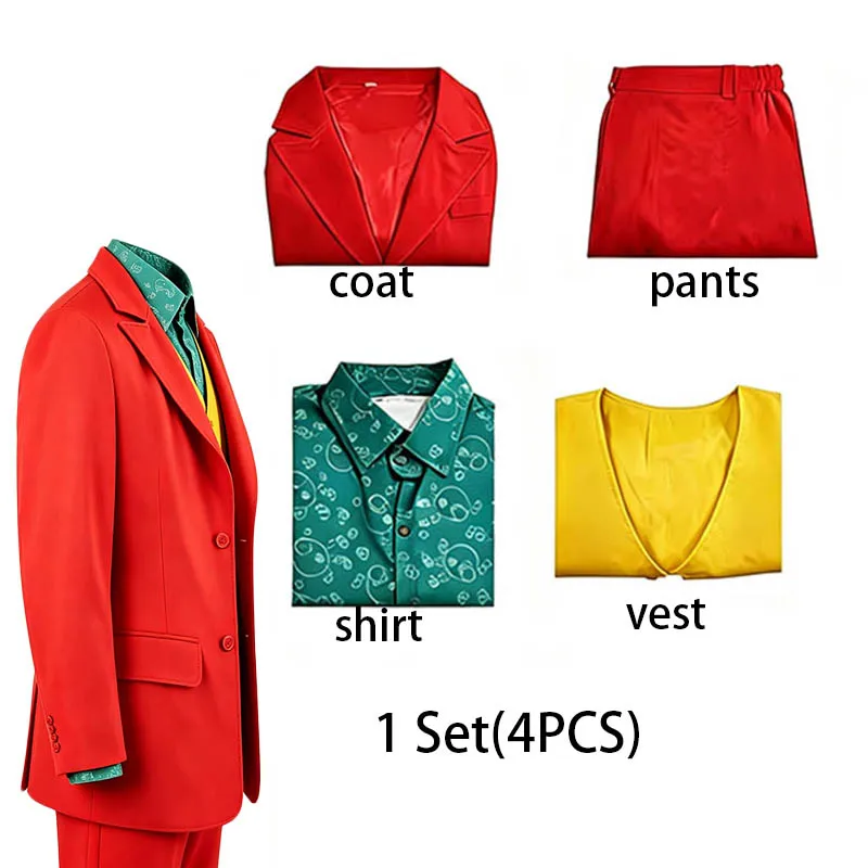 Herren 4-teiliges Buntes Bühnenkostüm-Set Roter Blazer Gelbe Weste Bedrucktes Grünes Hemd Rote Hose Halloween Karneval Party Fasching