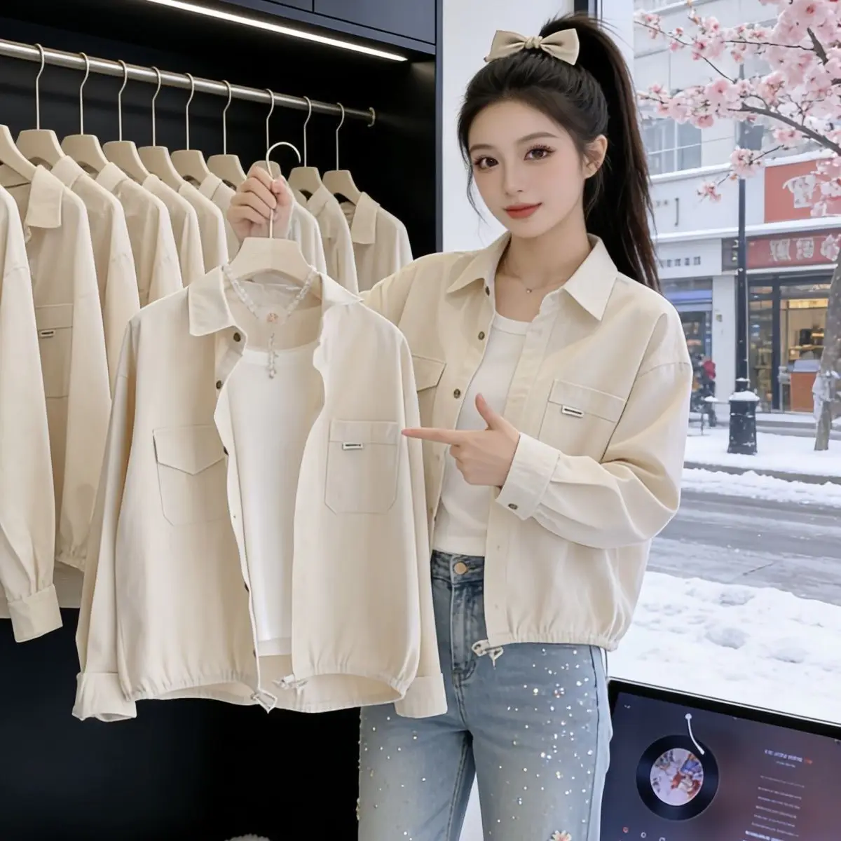 Collar Cotton Shirt Short Coat Women 2026 Spring Autumn New Cardigan Hem Drawstring Outwear Loose Joker Tops Female