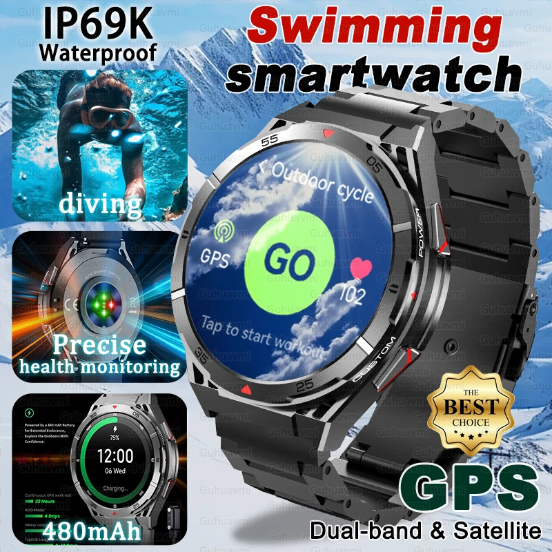 2025New Dual-Band Satellite GPS Sports Smart Watch Men 1.43'' AMOLED Screen Compass 30 Meters Waterproof Swimming Smart Bracelet