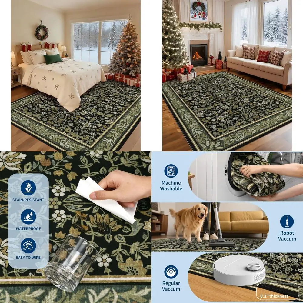 

Washable 5x7 Boho Vintage Christmas Rugs, Low Pile, Non-Slip, Stain-Resistant for Living Room, Bedroom, Dining Room, Office - Gr