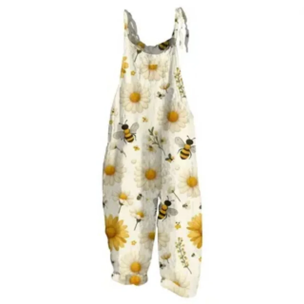 

2025 Women's Summer thin jumpsuit, 3D bee honey collection printed fashionable and versatile jumpsuit, adjustable shoulder strap