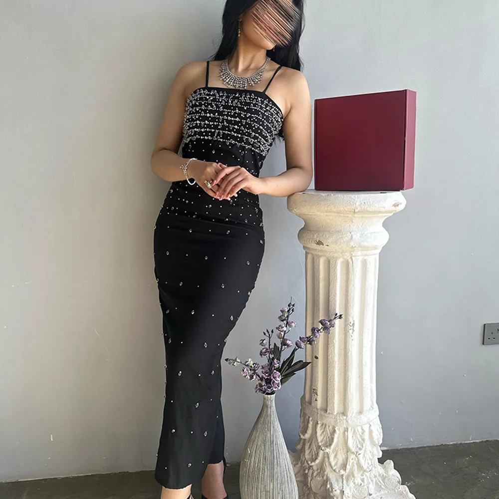

CustomizedClassic Straight Ankle Length Strapless Spaghetti Straps Jersey Crystal Sleeveless Evening Dress Elegant Photo Color ف