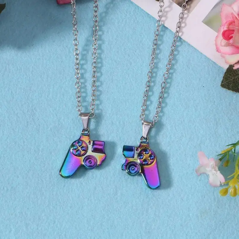 A52E 2 Pieces Controller Game Promise Magnet Pendant Dangling Necklace for Women Girl Men Couple Family Jewelry Gifts Polish