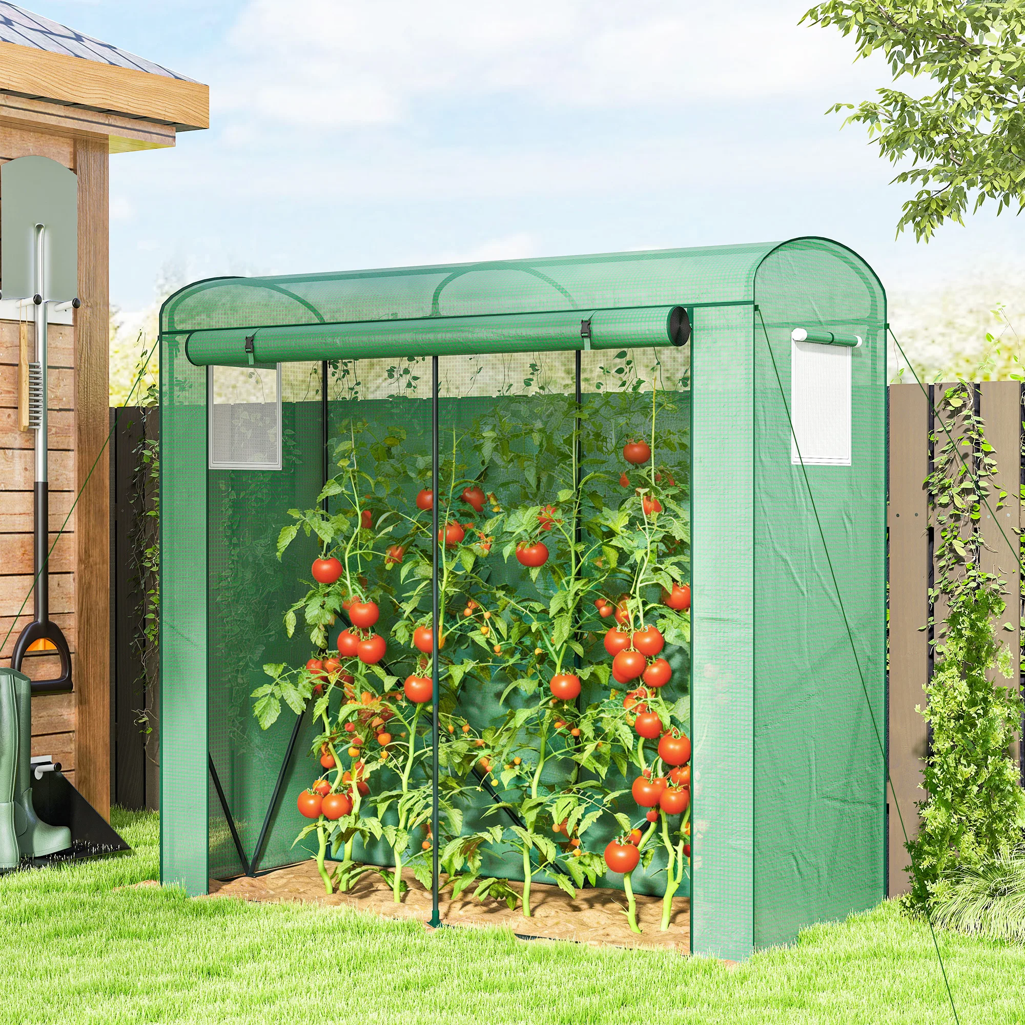 Mini Greenhouse, Portable Greenhouse with Roll-Up Door and 2 Mesh Windows, PE Cover, 78.7" x 29.5" x 74", Green
