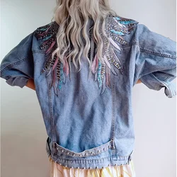TEELYNN Long Sleeve Denim Jacket Women Coat 2024 Vintage Wings Applique Embroidery Rivet Cotton Autumn Boho Tassel Jeans OutWear