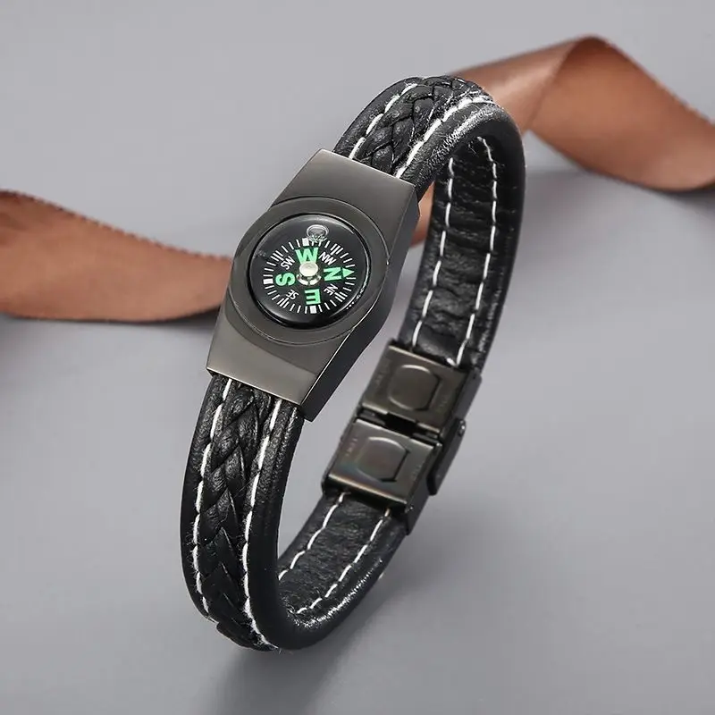 

Woven Leather Compass Bracelet, Men Outdoor Survival Multifunctional Wristband