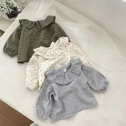 2024 Floral Baby Girl Shirt Spring Autumn Ruffle Collar Cute Newborn Girls Top Children Long Sleeve Clothing Cute Flower Tops