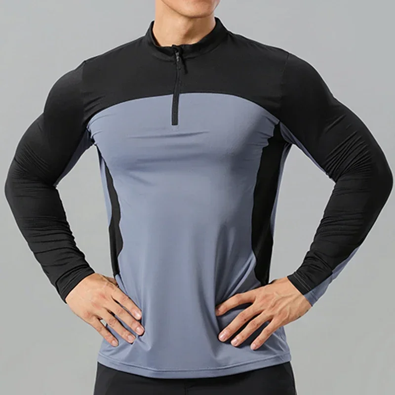 Esportes ao ar livre masculino escalada caminhadas manga longa gola zip-up de secagem rápida respirável suor-absorvente elasticidade camiseta