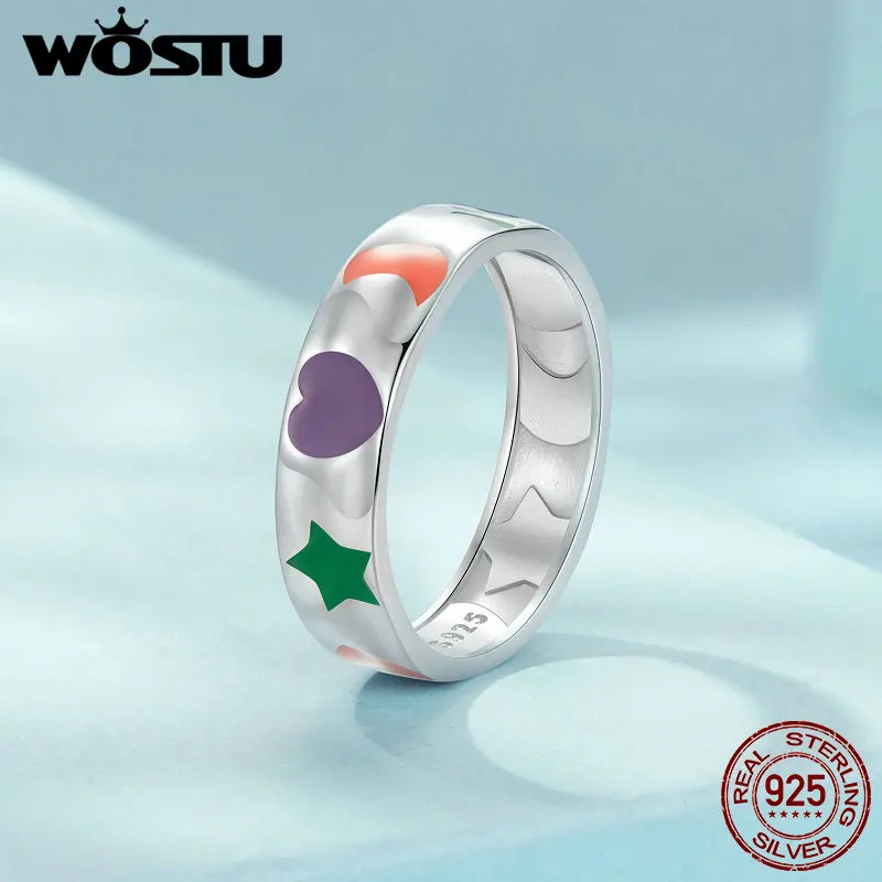 WOSTU Original 925 Sterling Silver Colors Rainbow Heart Moon Wide Ring with White Gold Plated for Women Party Gift Fine Jewelry image 4
