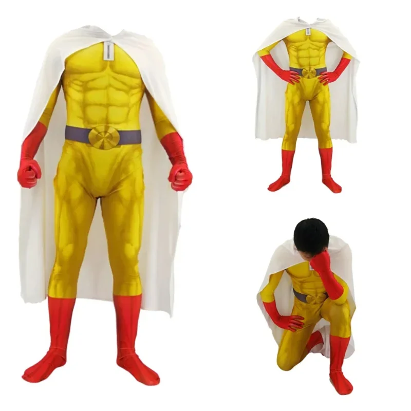 2025 New Anime ONE PUNCH MAN Costume Saitama Cosplay Male Men Boys Halloween Jumpsuit Outfits with Cloak Cape Full Set Kids A AA