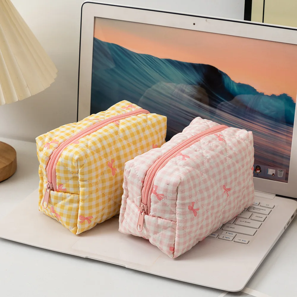 Novo bonito estilo coreano saco de cosméticos feminino xadrez bowknot grande capacidade bolsa de maquiagem carteira portátil organizador de cosméticos para menina