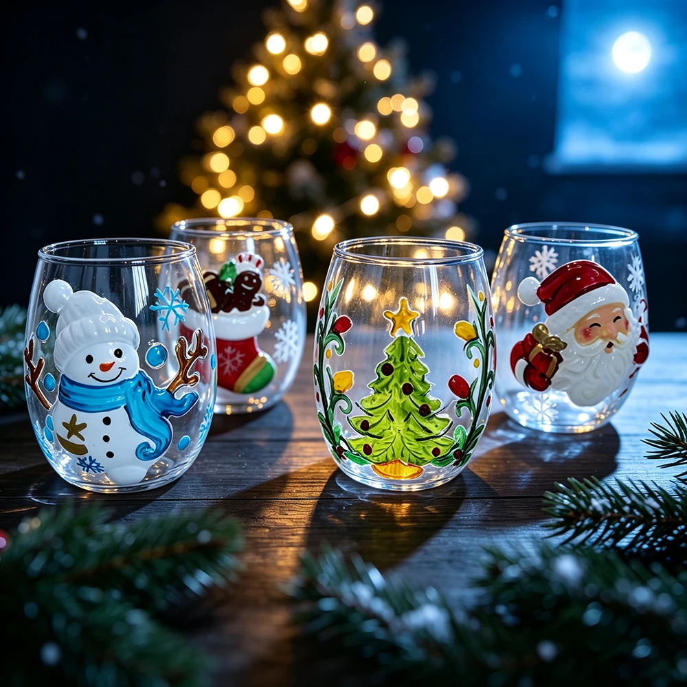 YWDL Christmas Glass Cup 350ml High Borosilicate 3D Hand Painted Xmas Tree Snowman Santa Wreath Tumbler Holiday Drinkware Gift