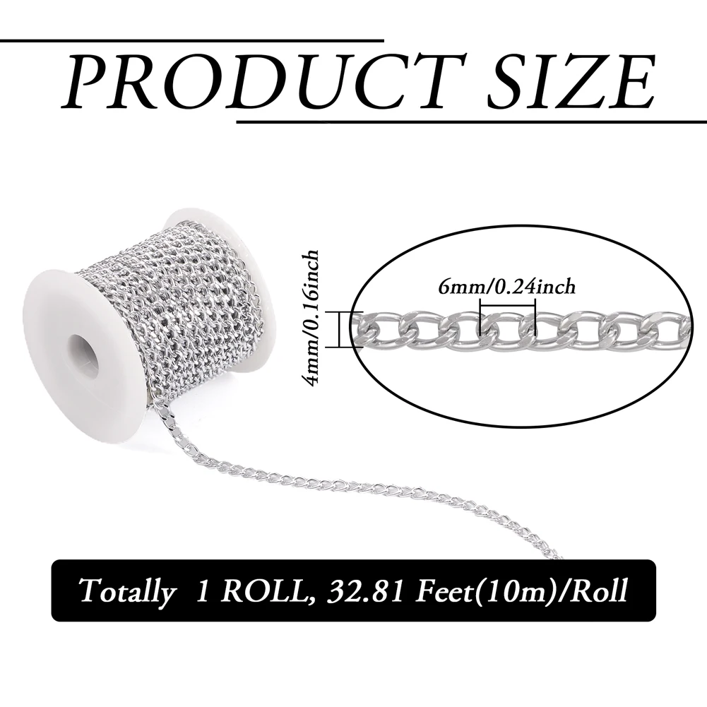 10M/roll 4mm wide Aluminum Curb Chains Faceted Unwelded Link Chain for Jewelry Making DIY Bracelet Necklace Bags Straps Decor