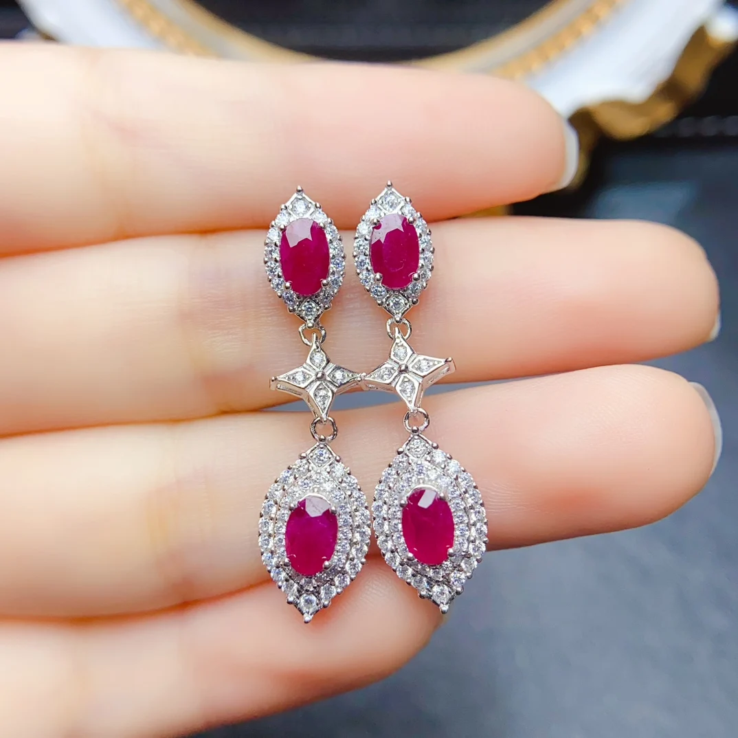 

FS 4*6mm Natural Ruby Luxury Earrings S925 Sterling Silver Fine Fashion Weddings Jewelry for Women MeiBaPJ With Certificate