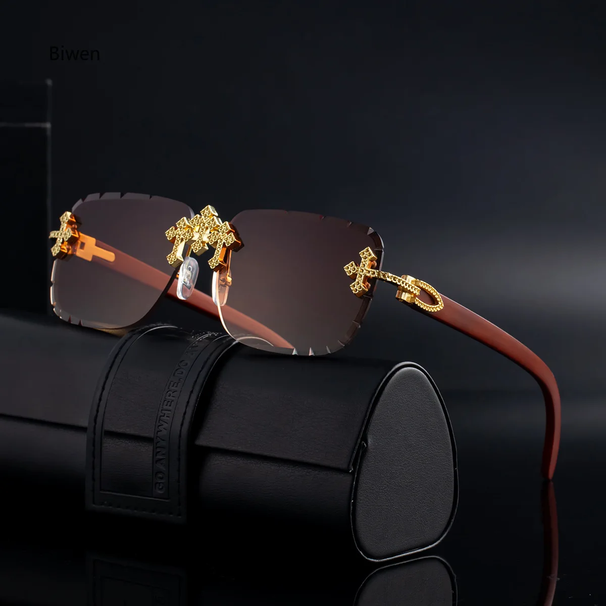 

2025 Retro Frameless Sunglasses Brand Men's Diamond Trimmed Imitation Wood Grain Glasses Legs Sunglasses Men's Cross-border