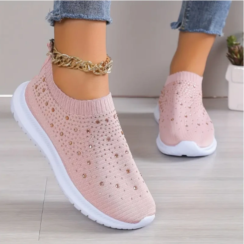 Rimocy Crystal Breathable Mesh Sneaker Shoes for Women Comfortable Soft Bottom Flats Plus Size 43 Non Slip Casual Shoes Woman