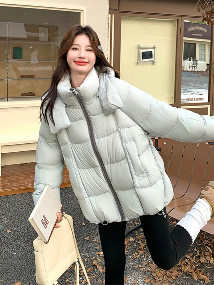 

Puffy Bread Sle down Jaet Women's ort Warm Thi Du Feather Coat Korean Loose Fit High Waist Long Sve Zipper Closure
