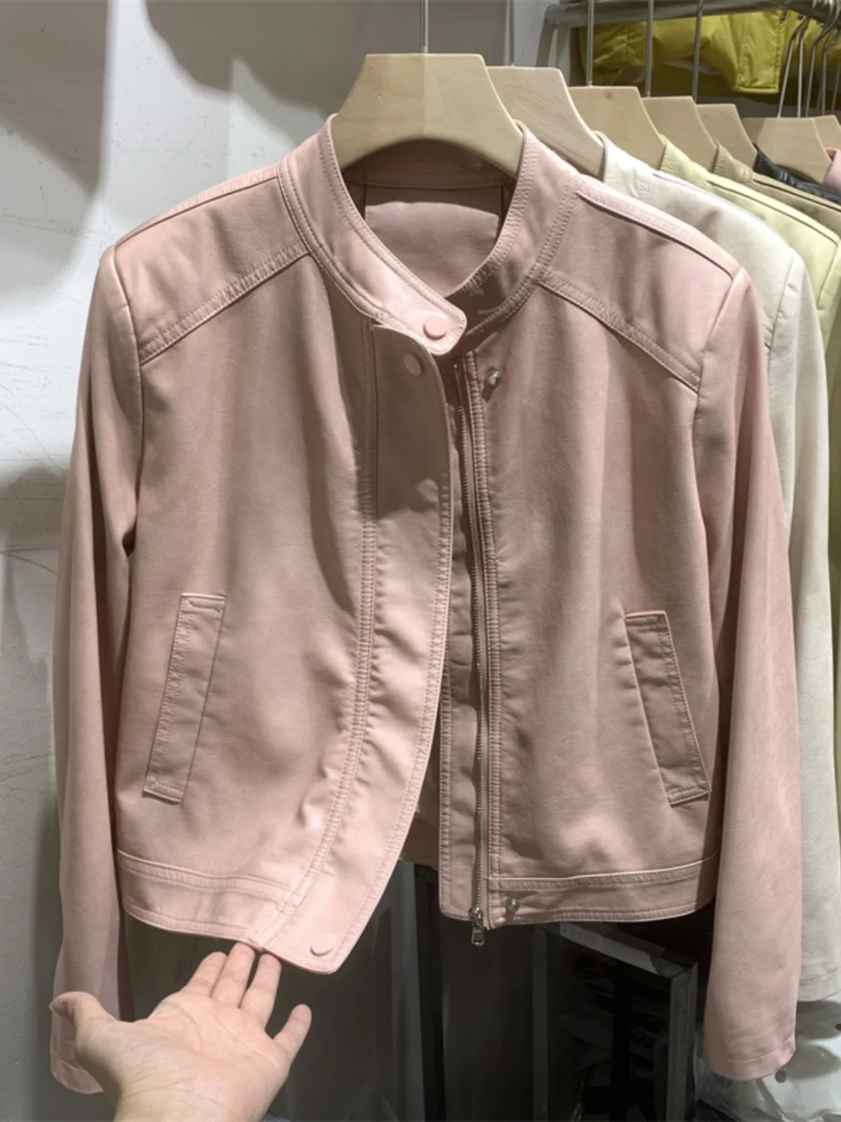 Hong Kong in pelle rosa Jaet da donna ort Casual Sle Primavera Autunno Dimagrante Cappotto in pelle versatile Pendolarismo Faion