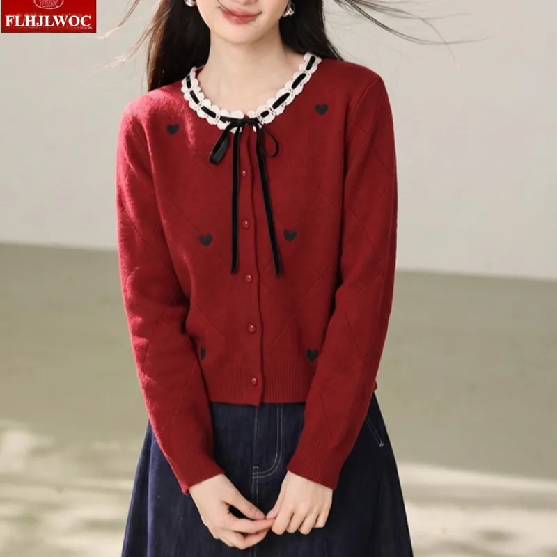 Bow Tie Knitted Tops Jumpers New Year Christmas Girls Woman Autumn Winter Long Sleeve Casual Cute Red Cardigans Sweaters
