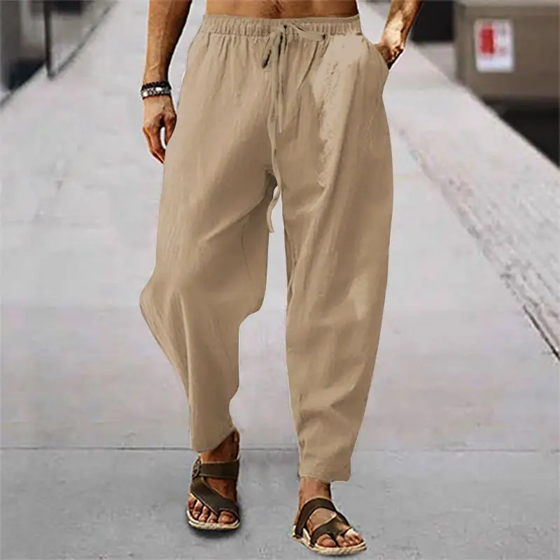 novo-masculino-cor-solida-cordao-algodao-e-linho-solto-casual-praia-calcas-casuais