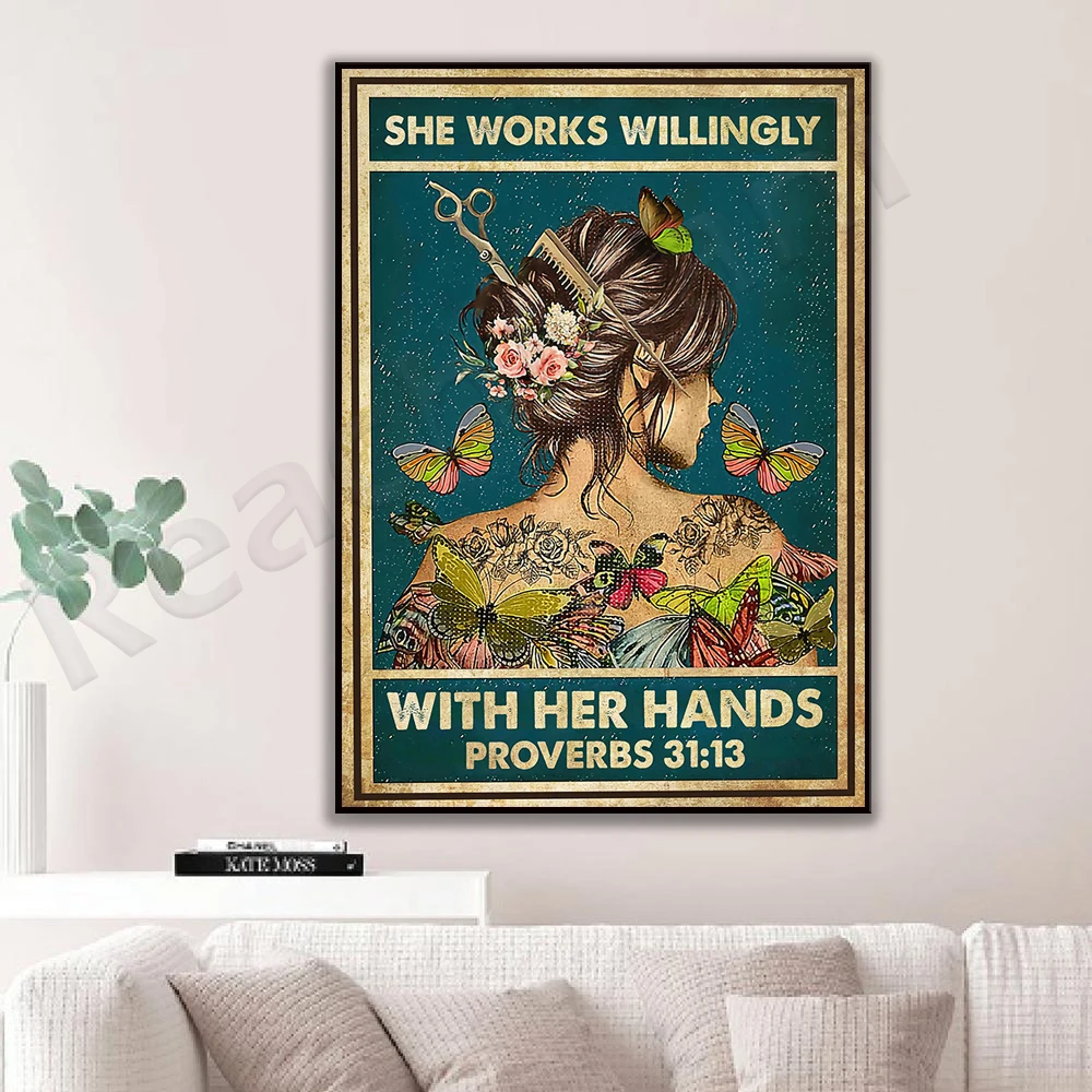 She works willingly with her hands vintage poster, poster for hairstylist, home decor for hair salon, gift for hairdresser