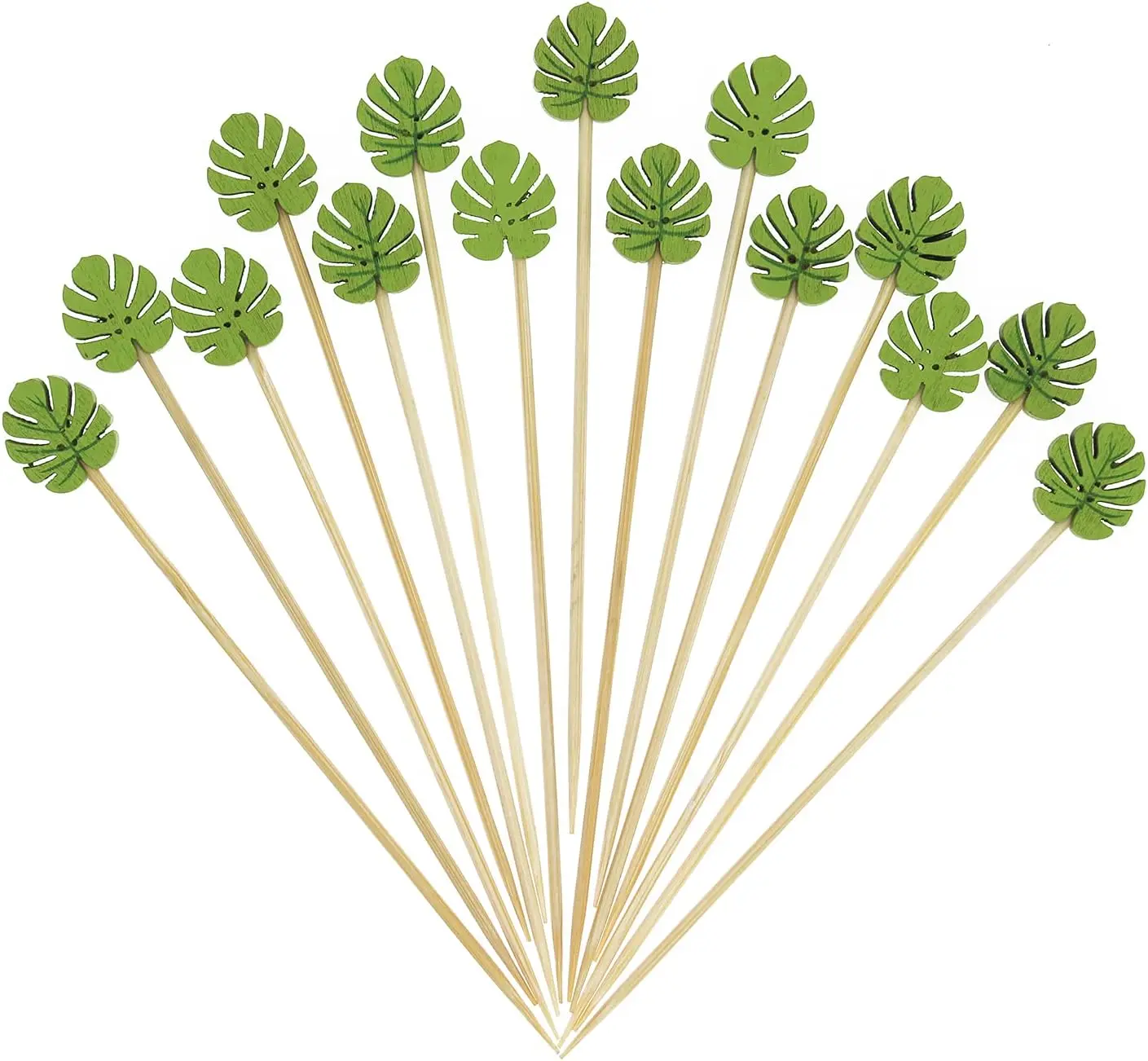 

Green Monstera Leaf Cocktail Picks, 5 Inch Long Bamboo Fancy Toothpicks for Appetizers, Decorative Summer Tropical Hawaiian Part