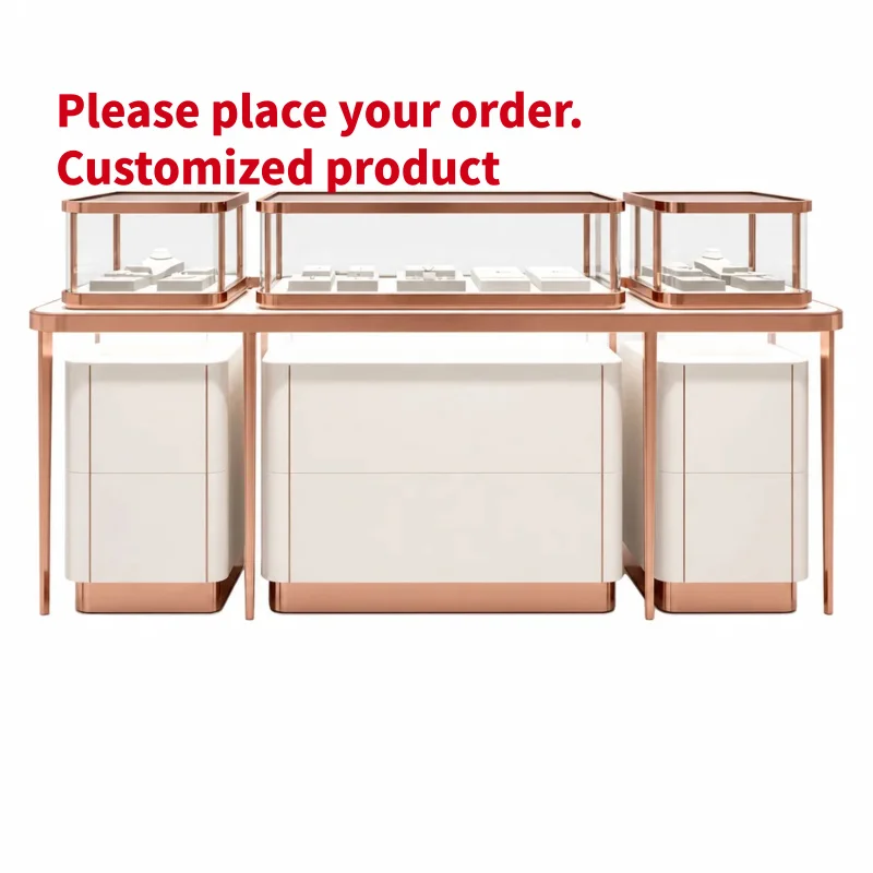 custom.Modern Luxury White & Rose Gold Jewelry Display Table Set, Sleek Tempered Glass Showcase Retail Boutiques