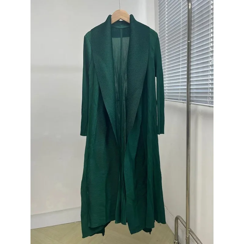 GGHK Miyake Pleated Women Plus Size Design Cardigan Trench Coat Long Sleeve Lapel Solid Color Lengthened Casual Vintage Jacket