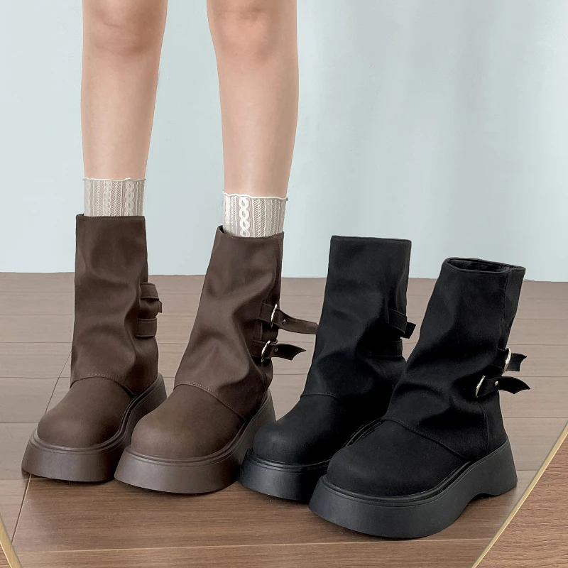 

Chunky Platform Heels Women Ankle Boots Fashion Belt Buckle Slip On Shoes Female Vintage Short Booties Shoes Zapatos Mujer