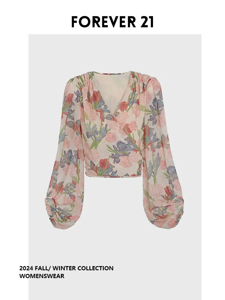 

Forever 2 ort Printed Chiffon Lantern Sve Waist-Cinching Top Cross-Tie Waist Design Long Sve Women's Faion