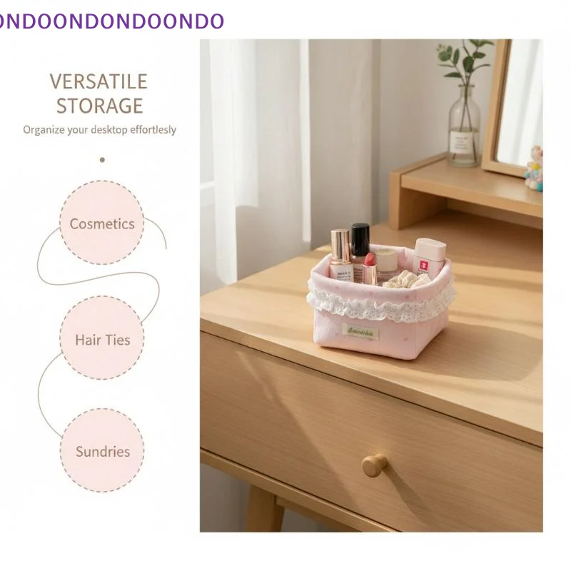 Light Pink Fabric Storage Basket Aesthetic Heart Bow Pattern Hollow Lace Desktop Organizer for Vanity Table Lipstick Storage