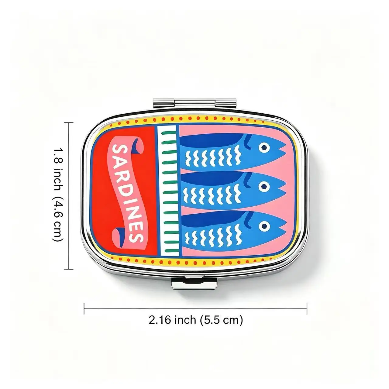 2 Compartments Metal Pill Box, Retro Sardines Fish Print Portable Pocket Pill Case, Mini Travel Medicine Storage Container view 5