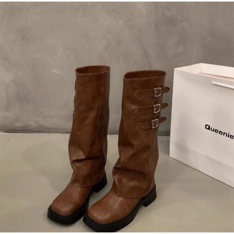 Stiefel mit klobiger Sohle und lockerem Schaft, Vintage-Kniehohe Stiefel mit gestapeltem Absatz für Damen, dicke Plattform, für Herbst und Winter – Detail 5