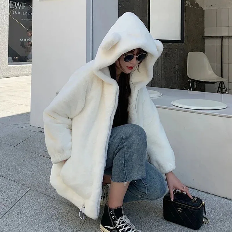 

Autumn Winter Women Hooded Short Faux Rabbit Fur Coat White Black Loose Casual Drawstring Long Sleeve Warm Soft Fake Fur Outwear