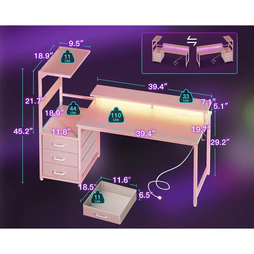 52 LED 게이밍 책상, USB 포트, 양면 사용 가능, 수납 선반 및 모니터 스탠드 포함, 모던 카본 파이버 핑크 책상, 패브릭 서랍 포함