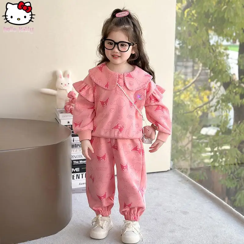

Autumn New Kuromi Sweatshirt Kawaii Comfort Skin Friendly Sweet Long Sleeved T Shirt Set 2Pcs Cartoon Anime Girls Clothe