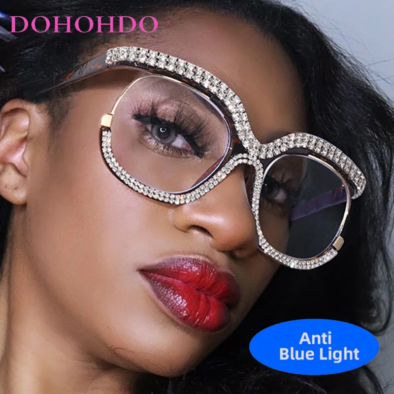

Retro Luxury Designer Blue Light Blocking Glasses Women Men Oversized Round Frame Rhinestone Eyeglasses Computer Gaming Glasses