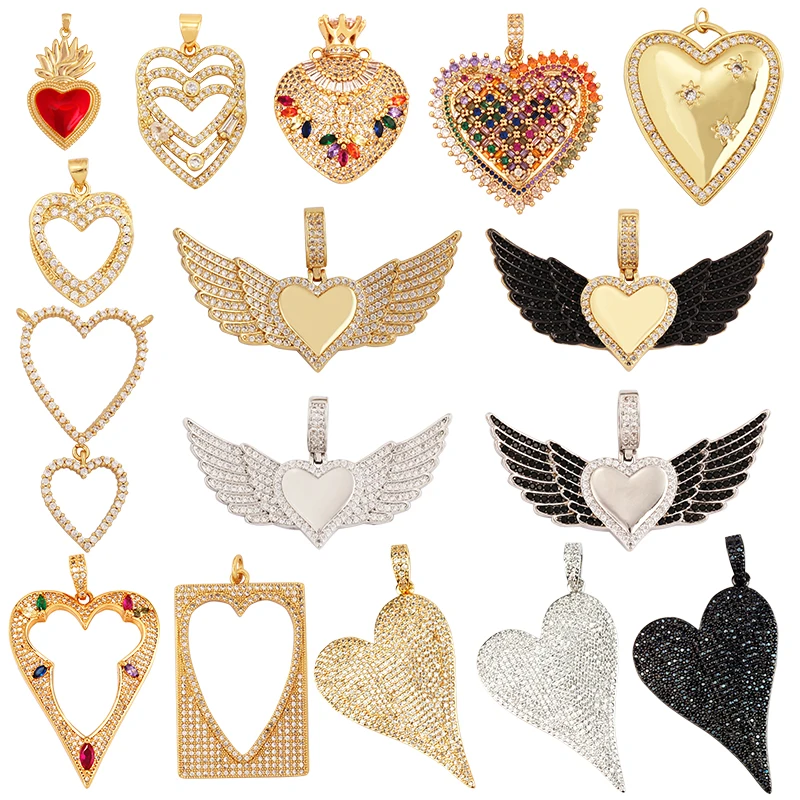 Classics Love Heart Zircon Focal Charm Pendant,Creative Angel Wings 18K Real Gold Plated Jewelry Findings Accessories Supply L27