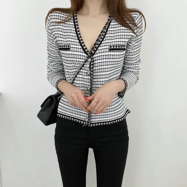 

Винтажный вязаный кардиган Solowen в клетку с V-образным вырезом, женский хлопковый свитер, зимняя модная верхняя одежда