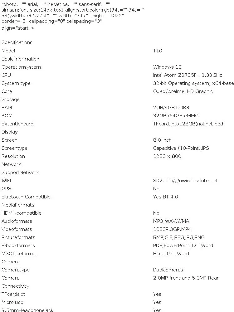 8 INCH Z8300 CPU T10 64 Bit 4GB RAM 64GB ROM AR1 Windows 10 Tablet PC 1280 X 800 IPS Screen Quad Core Dual Cameras