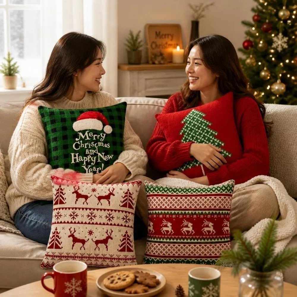 Christmas Theme Soft Christmas Pillow Covers Deer 2D Printed Throw Cushion Case Plaid Square Santa Pillow Cover Sofa Decor