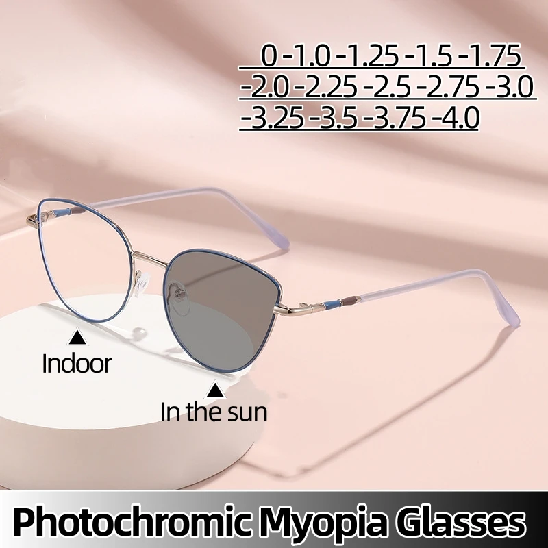 

Fashion Cat Eye Photochromic Myopia Glasses Women Retro Color Changing Minus Diopter Eyewear High Definition Near Sight Glasses