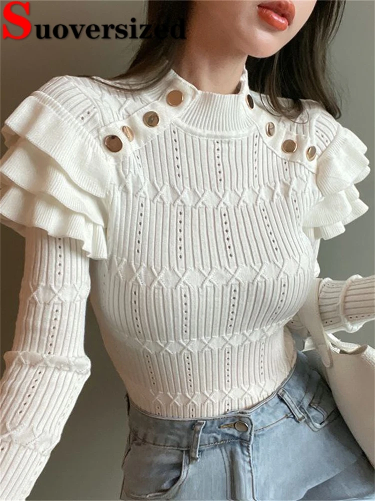 Half Turtleneck Ruffle Knitted Tops Slim Thick Knitwear Pullover Korean Design Jumper Fall Winter Button Elegant Women Sweater