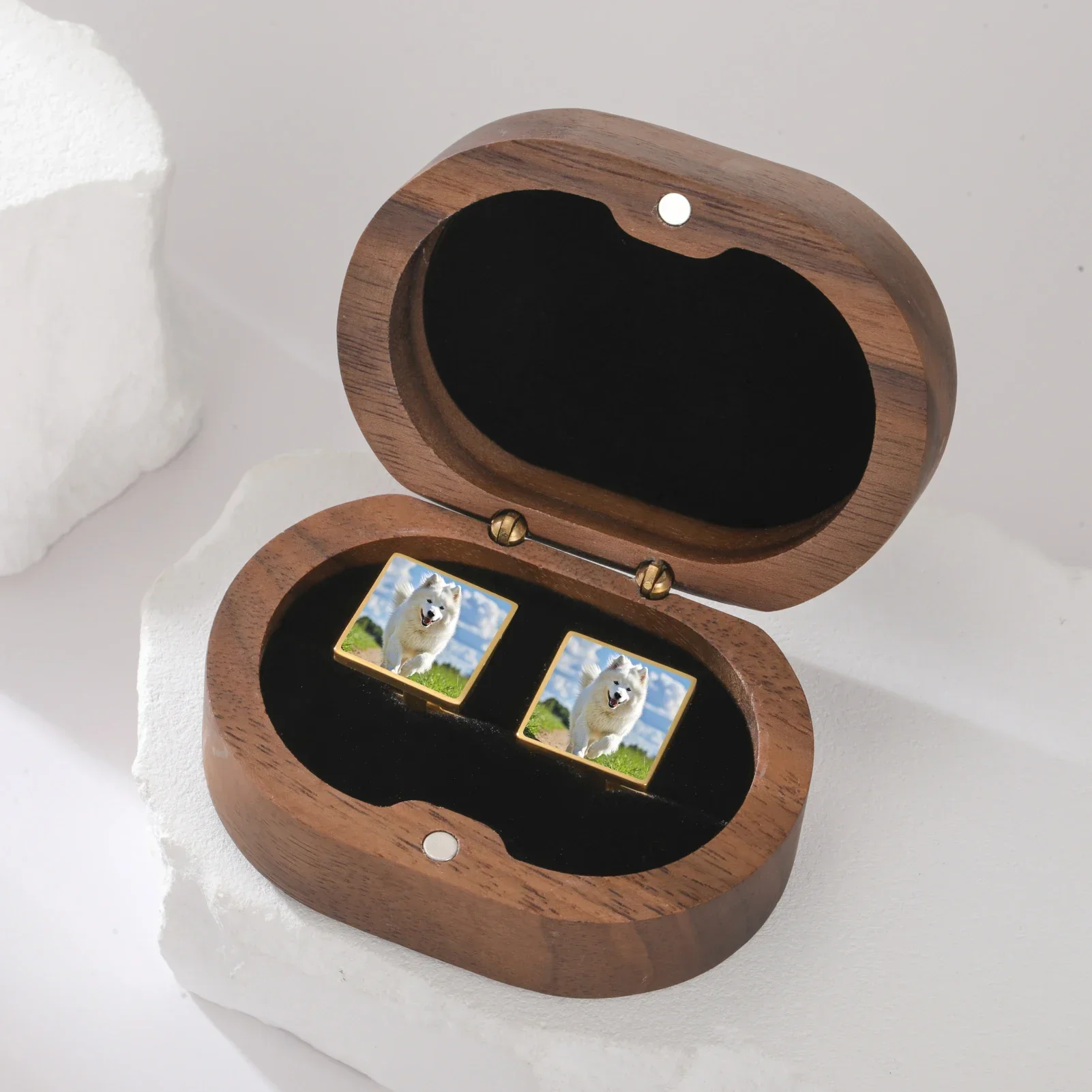 Cazador Customized 2 Pcs Print Pictures Logo Men's Cufflinks with Wood Box Stainless Steel Cufflinks for Suit Shirt Wedding Gift