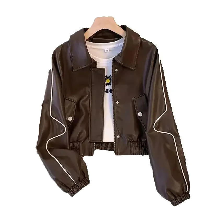Giacca in pelle PU di fascia alta da donna 2025 Primavera Autunno Nuova giacca in pelle da motociclista versatile moda allentata Top corto femminile