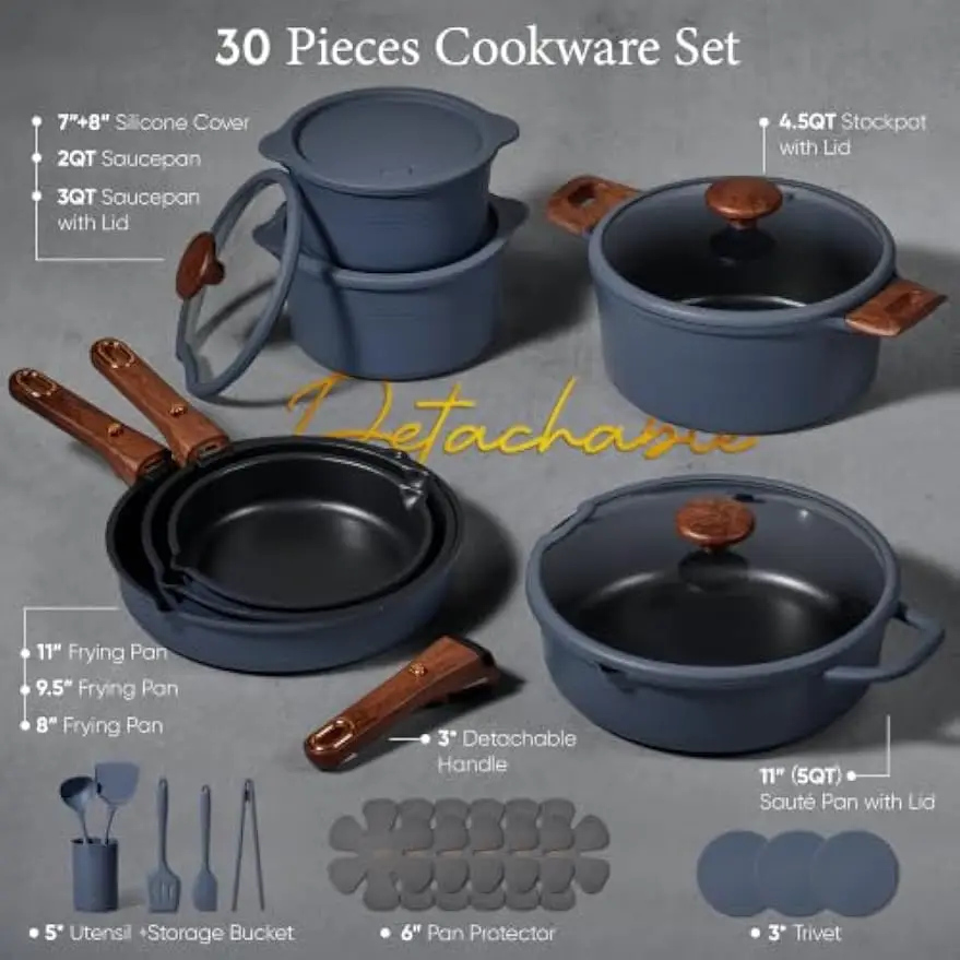 30Pcs Titanium Cookware Set Pots Pans Detachable Handle Nonstick Nontoxic Induction Compatible Dishwasher Oven Safe Space Saving