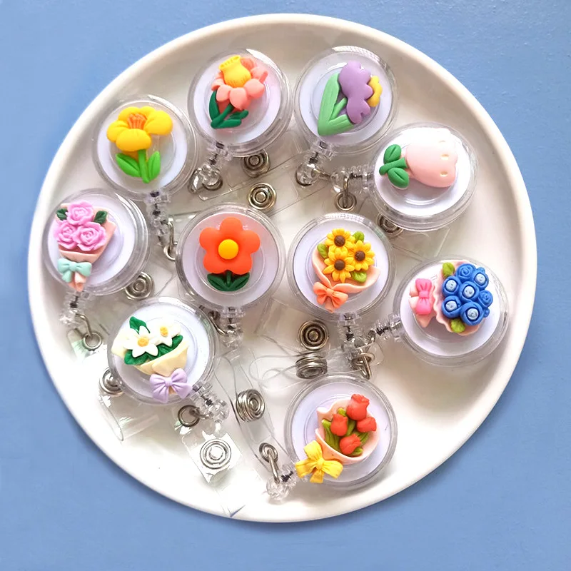 3D Flower Retractable Badge Reel Hard Case Nurse ID Holder with Clip Professional Work Card Lanyard for Medical Staff Employees