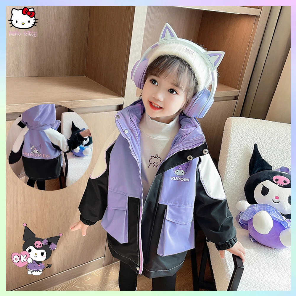 

Kuromi осенне-зимние пальто для детей Sanrio аниме утепленные куртки с капюшоном ветровка на молнии теплая верхняя одежда одежда для девочек От 3 до 14 лет